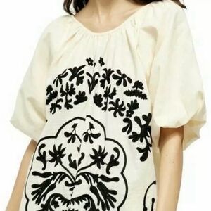 Free People Floral Embroidered Cotton Tie Back Puffy Sleeve Boho Mini Dress